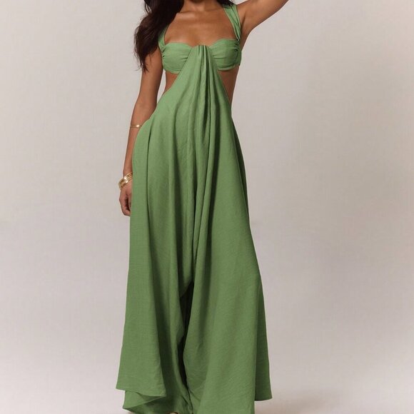 Army Green Casual Women's Boho Ruched Bust Extreme Wide Leg Jumpsuit - Picture 4 of 5